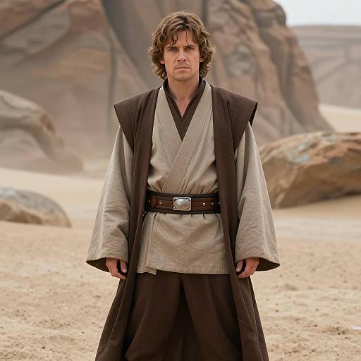 Young Man in Jedi Robe in Desert Landscape