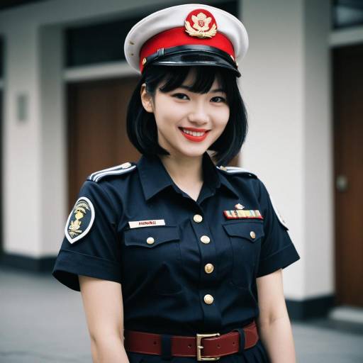 Woman in Military-Style Uniform with Red Hat
