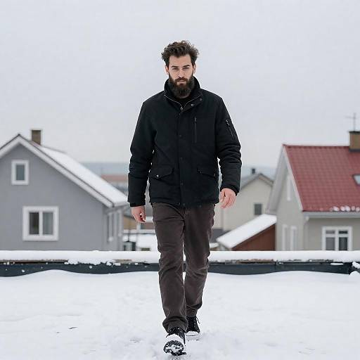 Bearded Man Walking Across Snowy Rooftop