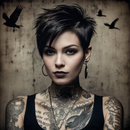 Tattooed Woman with Short Hair and Flying Crows