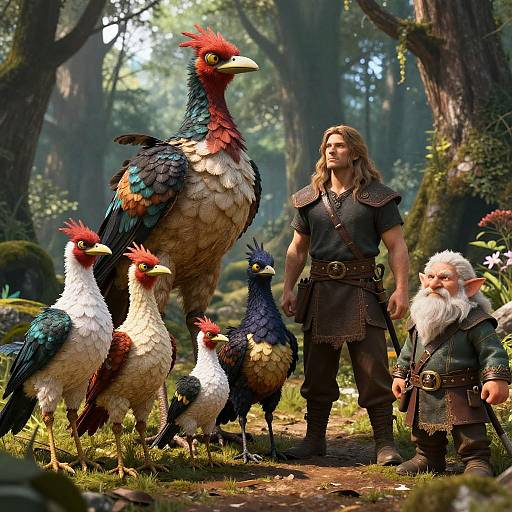 Fantasy forest scene: tall muscular man with long hair, dark outfit, elf with white beard, and four colorful birds with red crests. Sun