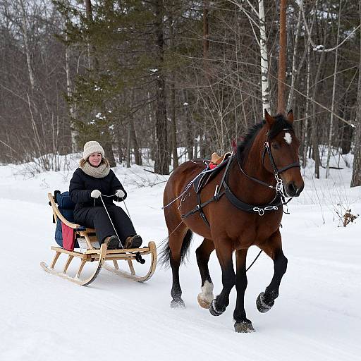Woman Riding Two-Horse Wooden Sleigh
