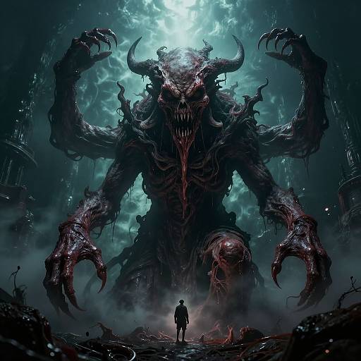 Digital artwork of a towering, dark, horned monster with glowing eyes and massive claws, looming over a small, silhouetted figure in a