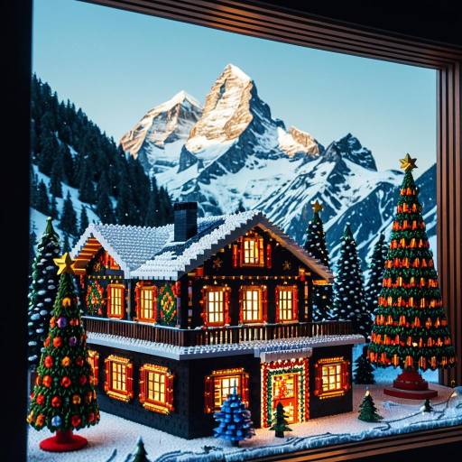 3D Pixel Art Winter Ornament Chalet with Christmas Trees