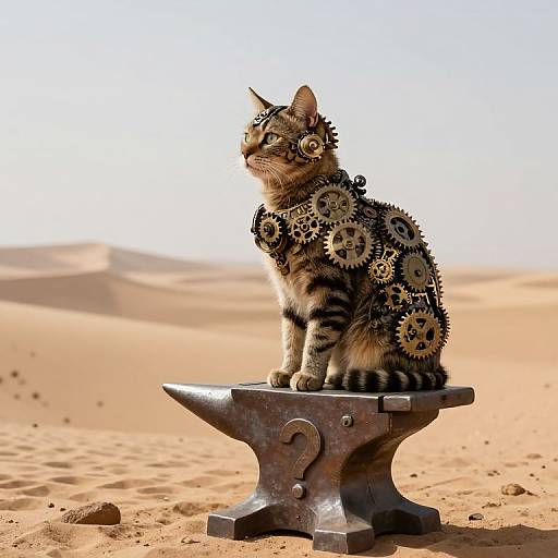 Photograph of a tabby cat with gear-patterned fur sitting on a metal anvil in a desert landscape under bright sunlight.