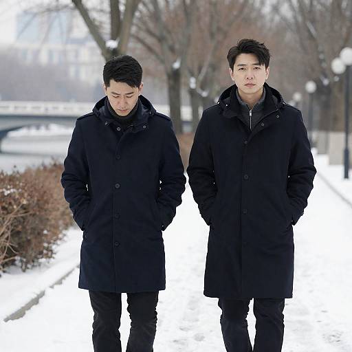 Two Men in Dark Overcoats in Snowy Park