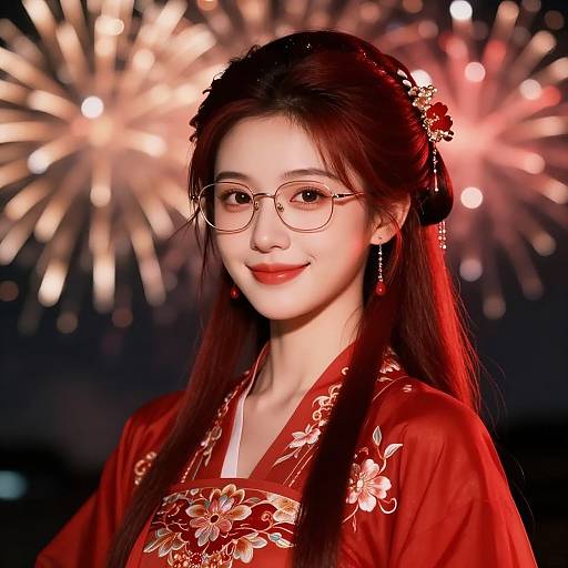 Photograph of an Asian woman with long red hair, wearing glasses, a red floral kimono, and hairpins, smiling against a background of colorful