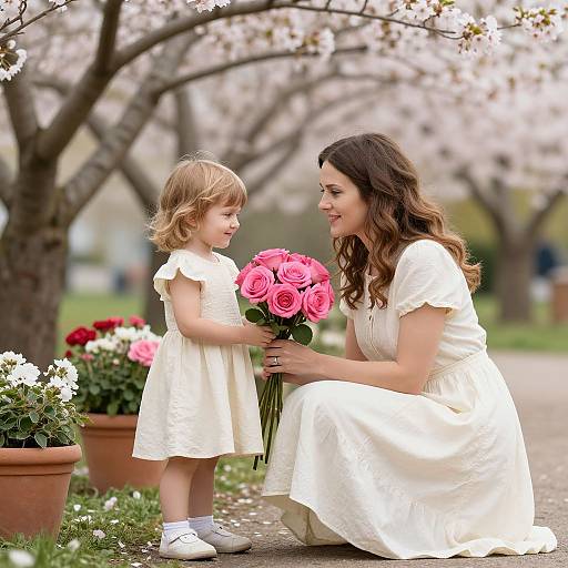 Photograph of a smiling brunette woman in a white dress kneeling beside a blonde girl in a white dress, holding a pink rose bouquet under blooming cherry