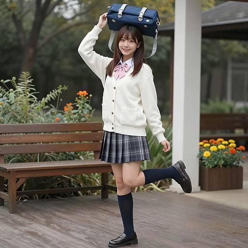Playful Asian Woman on Outdoor Deck