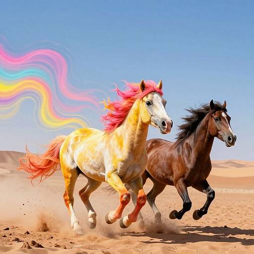 Photograph of two galloping horses in a desert; the left horse has a yellow coat with a vibrant pink and rainbow-maned tail, while