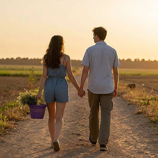 Photograph of a couple holding hands, walking down a sunlit, dirt path; woman in blue romper, holding basket of flowers, man in