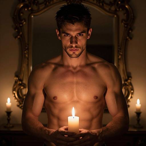 Photograph of a muscular, shirtless man with short dark hair, holding a lit candle, illuminated by candlelight in an ornate room.