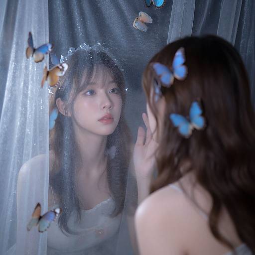 Photograph of a young woman with fair skin and brown hair, wearing a white dress, gazing at her reflection in a misty window, surrounded