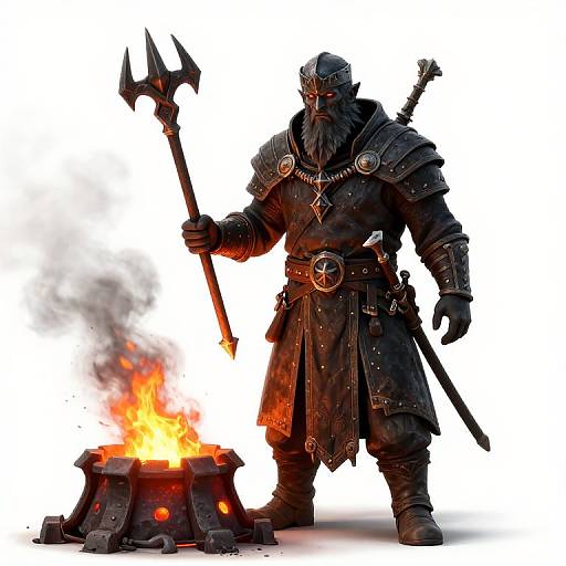 Photorealistic digital art of a black-bearded, armored warrior with a hammer, standing beside a burning cauldron, white background.