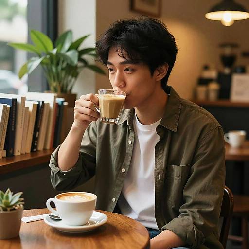 Photograph of an Asian man with short black hair, wearing a green shirt over a white tee, sipping a latte at a cozy café.