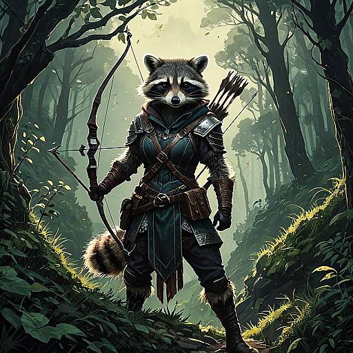 Anthropomorphic Raccoon Hunter in Forest