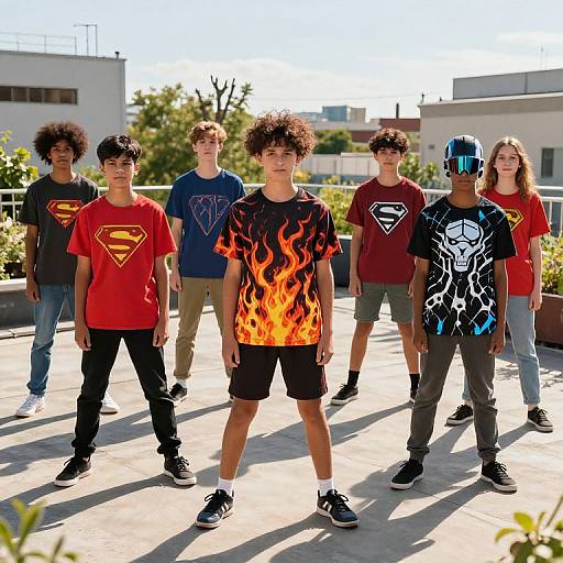 Photograph of seven diverse teenage boys standing in a sunlit rooftop area, wearing superhero-themed T-shirts with flame, Superman, and Batman designs.