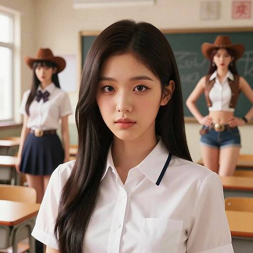 Photograph of three Asian women in a classroom, wearing white shirts, navy skirts, denim shorts, and brown cowboy hats, with one in the foreground
