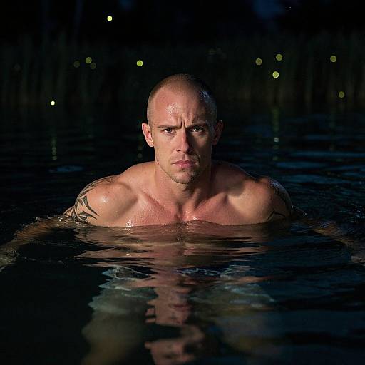 Cinematic Night Portrait of Man Swimming