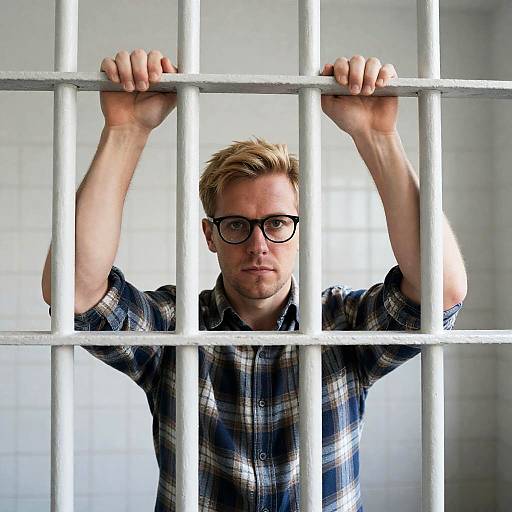 Contemplative Man Behind Prison Bars