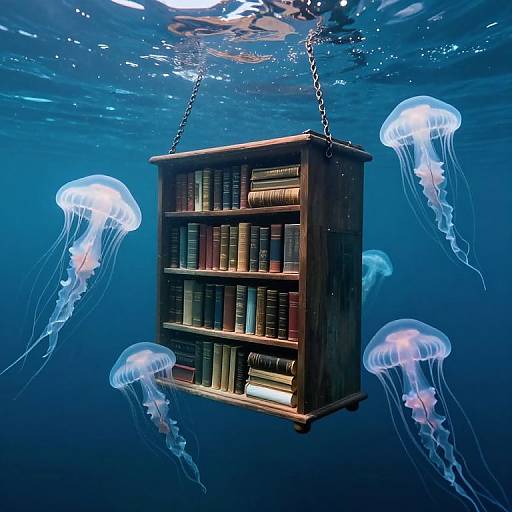 Photograph of a wooden bookshelf suspended underwater by chains, surrounded by glowing blue and white jellyfish in a deep blue ocean.
