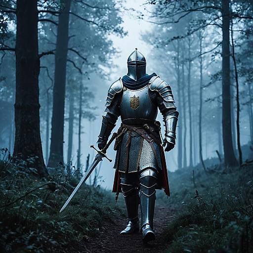 Medieval Knight in Armor Walking Through Foggy Forest