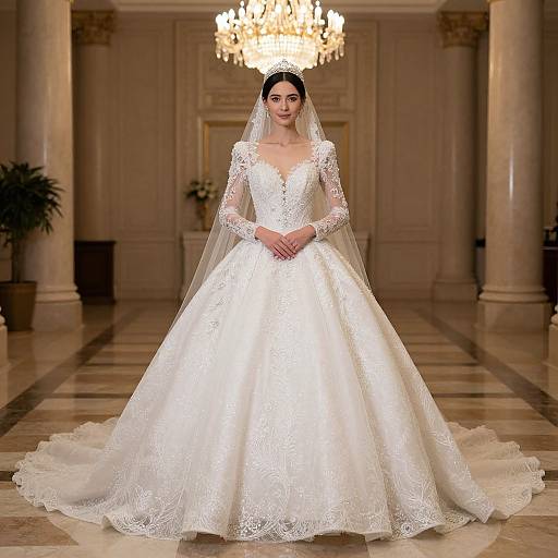 Photograph of a beautiful bride in a white lace wedding gown with long sleeves and a full skirt, standing in an elegant ballroom with a chandelier