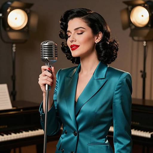 Photograph of a glamorous woman with dark, wavy hair, wearing a teal satin blazer and red lipstick, singing into a vintage microphone, with