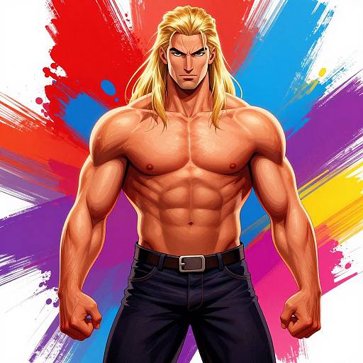 Muscular Blond Hero in Vibrant Abstract