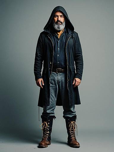 Elderly Man in Hooded Coat and Boots