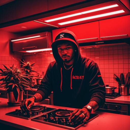 Cool Man DJ in Red Neon Kitchen