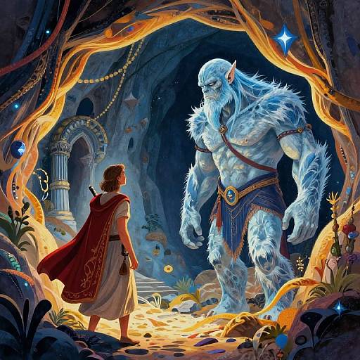 Digital fantasy artwork: Brave warrior with red cloak faces towering, muscular, blue-furred ice giant in mystical cave, surrounded by glowing fire and magical plants