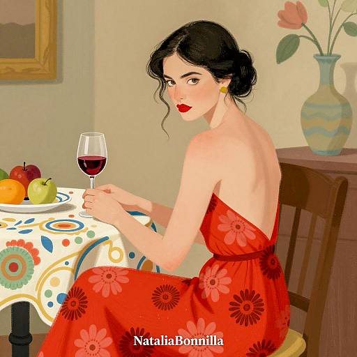 Woman in Red Floral Dress with Wine