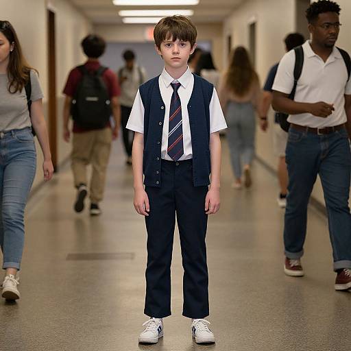 Photograph of a young boy in a white shirt, black vest, striped tie, and black pants walking down a brightly lit, busy hallway.