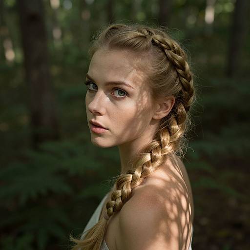 Photograph of a young, fair-skinned blonde woman with braided hair, blue eyes, and natural makeup, standing in a dimly lit forest