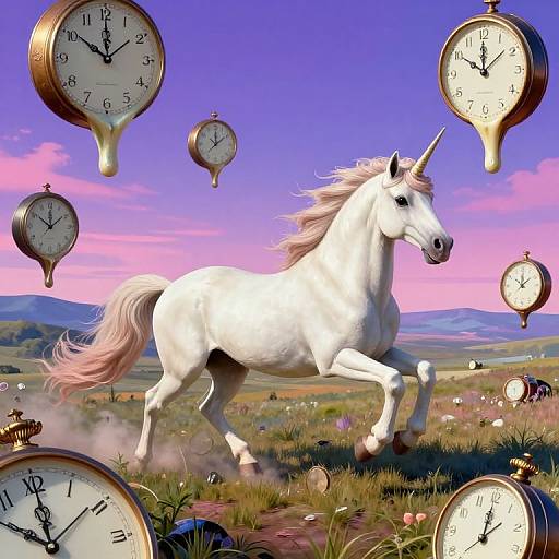 Photorealistic digital artwork of a white unicorn galloping in a grassy field, surrounded by floating vintage clocks against a pink and blue sky.