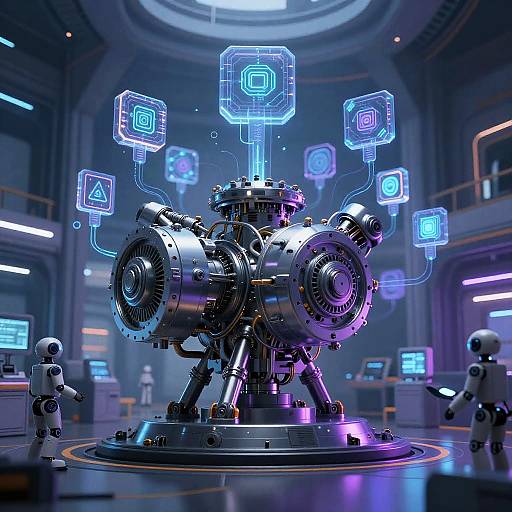 CGI sci-fi image of a glowing, cybernetic machine with blue holographic icons, surrounded by robot figures in a futuristic lab.