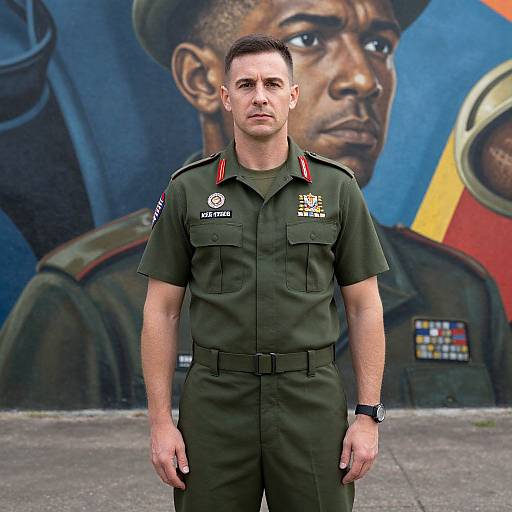 Photograph of a serious, muscular white male firefighter in green uniform with badges and patches, standing in front of a large, colorful mural of a black