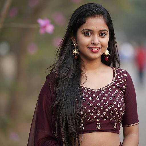 Photograph of a young Indian woman with long black hair, brown crop top adorned with gold sequins, red earrings, and a bindi, smiling