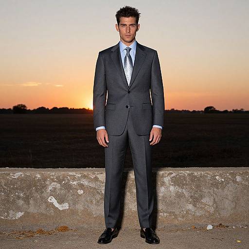 Photograph of a serious-looking man in a dark navy suit, white shirt, and black tie, standing against a sunset sky with a concrete wall in