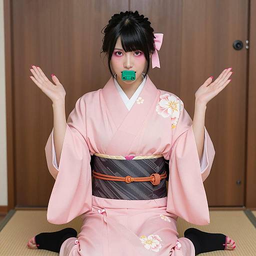 Asian Woman in Pink Kimono with Green Mouthpiece