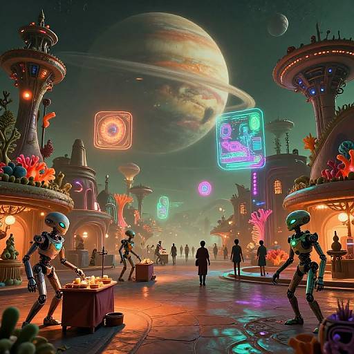 Neon-lit sci-fi marketplace under a glowing planet; humanoid robots sell goods on a vibrant, futuristic street with glowing signs and floating buildings.