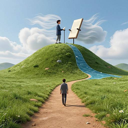 Digital illustration of a man in a blue suit standing on a grassy hill, lecturing from a wind-swept easel, with a path