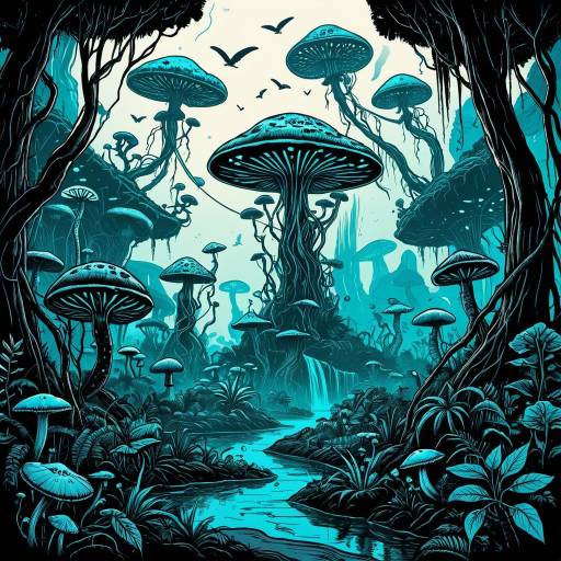 Alien Jungle Planet with Bioluminescent Mushrooms