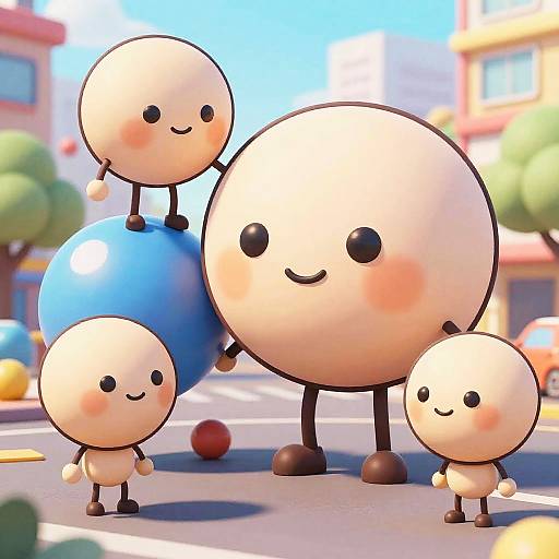 Digital artwork of four cute, round, smiling, faceless characters with small black eyes and blush marks, standing on a sunny city street.