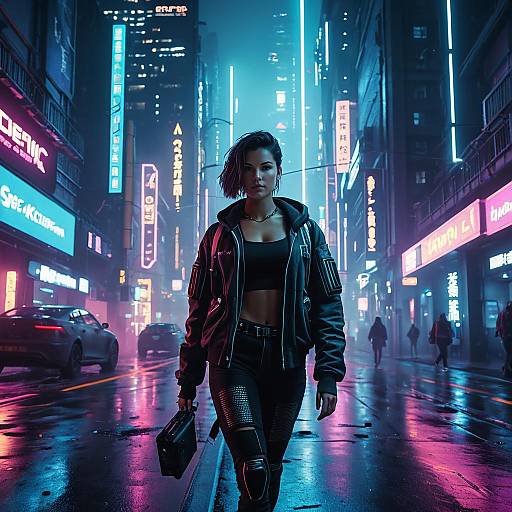 Cyberpunk Woman Walking in Neon-Lit City