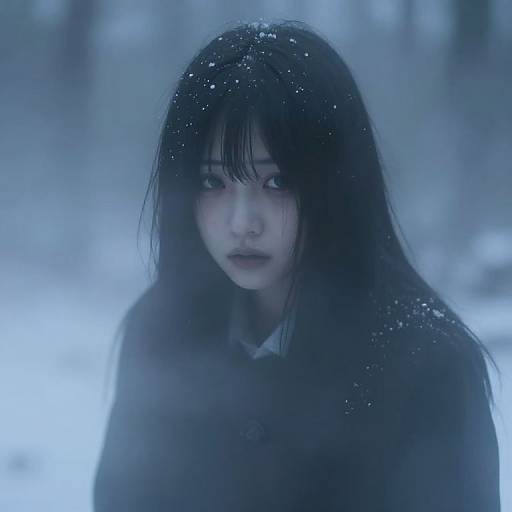 Digital art of a pale Asian woman with long black hair, snowflakes on her head, and a melancholic expression in a snowy forest. Blue