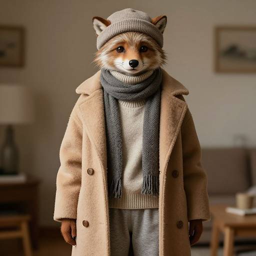 Photorealistic CGI of a raccoon wearing a beige coat, gray scarf, and beanie, standing in a cozy, warmly-lit living room
