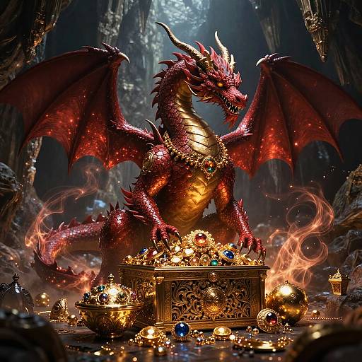 Mystical Red Dragon Guarding Treasure