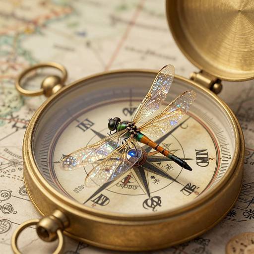 Golden compass with sparkling dragonfly on its face, resting on a detailed map; the compass lid is open, revealing a shimmering, translucent dragonfly